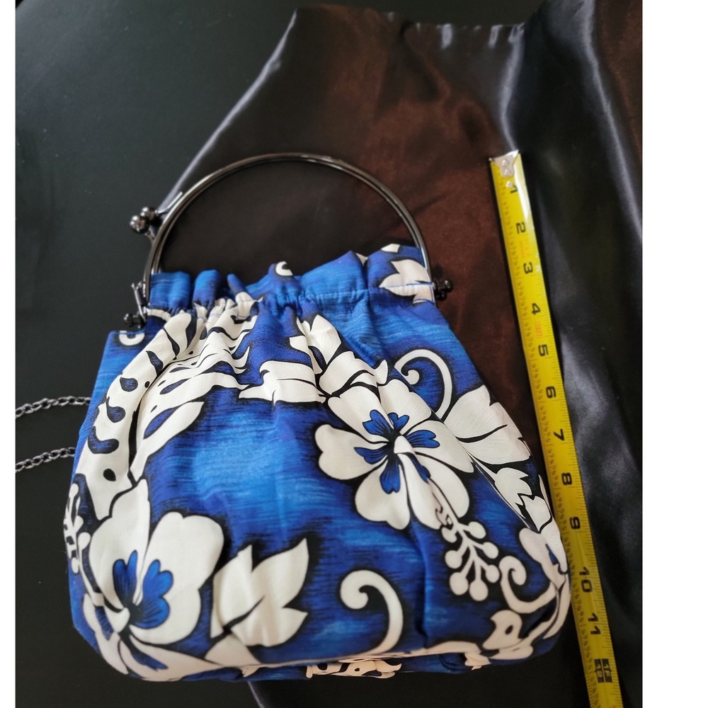 Tropical Blue Hibiscus Floral Kiss Lock Handbag Crossbody Chain Strap Bag - Picture 4 of 10
